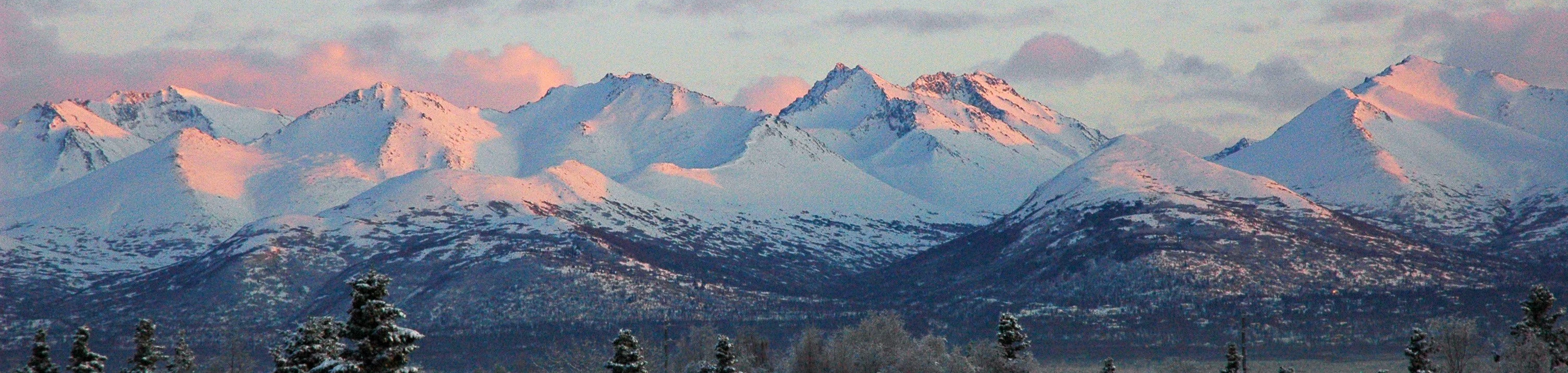 Chugach Range Mountains, Christmas Eve, viewed from the 4th floor Pioneer's Home, Anchorage, Alaska, USA